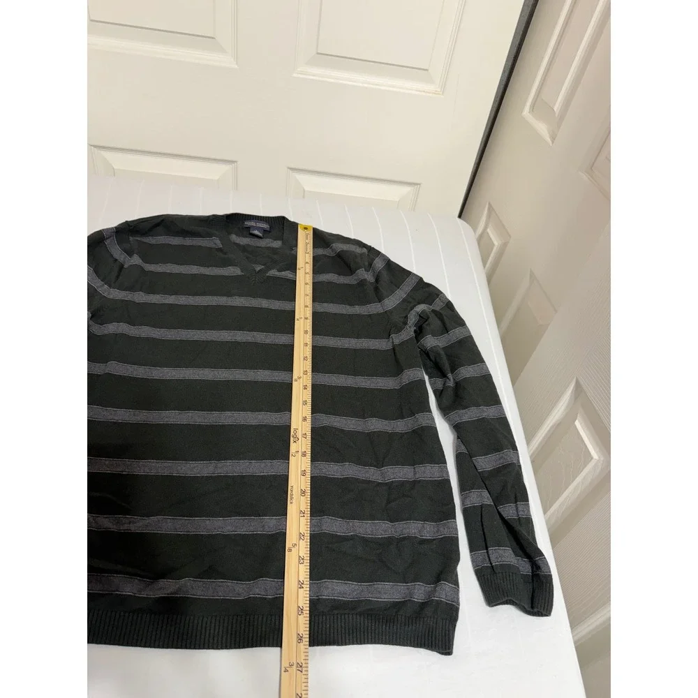 Banana Republic Mens V-Neck Sweater Black Grey Striped Cotton Cashmere Large L